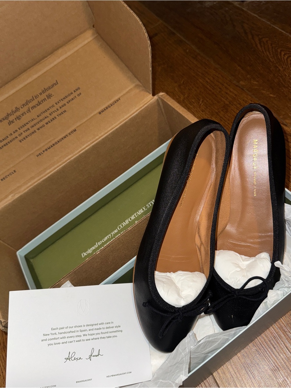 Margaux Black Leather Ballet Flats with Bow - Picture 2 of 8